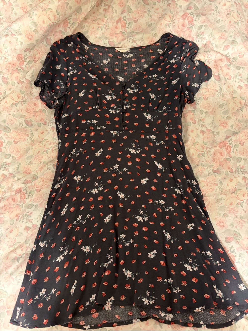 Aeropostale Black Short Sleeve Floral Dress with Red and White Blossoms